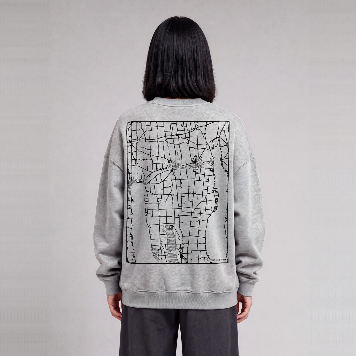 Fayette map sweatshirt, back print on model - Heather Gray
