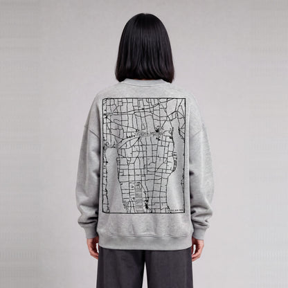 Fayette map sweatshirt, back print on model - Heather Gray