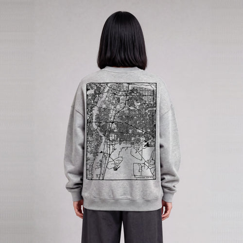Albuquerque map sweatshirt, back print on model - Heather Gray