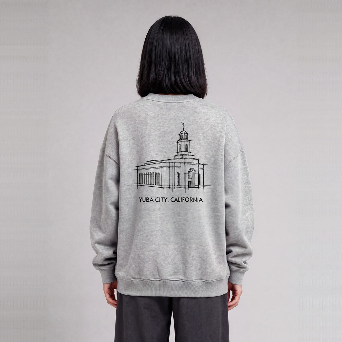Feather River Temple back print on model - Heather Gray