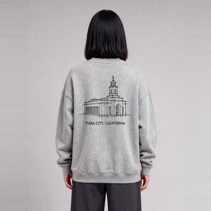 Feather River Temple back print on model - Heather Gray