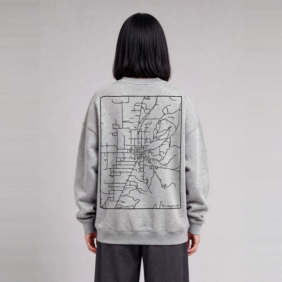 Ephraim map sweatshirt, back print on model - Heather Gray