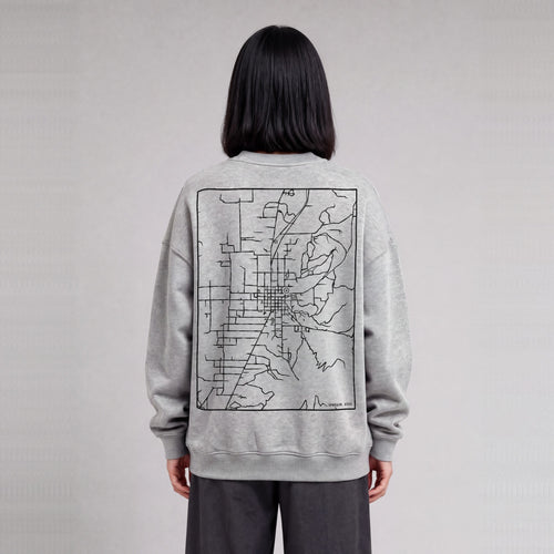 Ephraim map sweatshirt, back print on model - Heather Gray