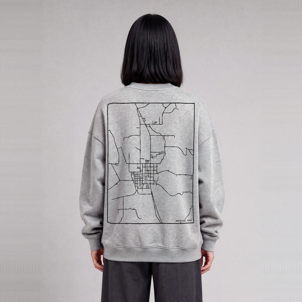 Montpelier map sweatshirt, back print on model - Heather Gray