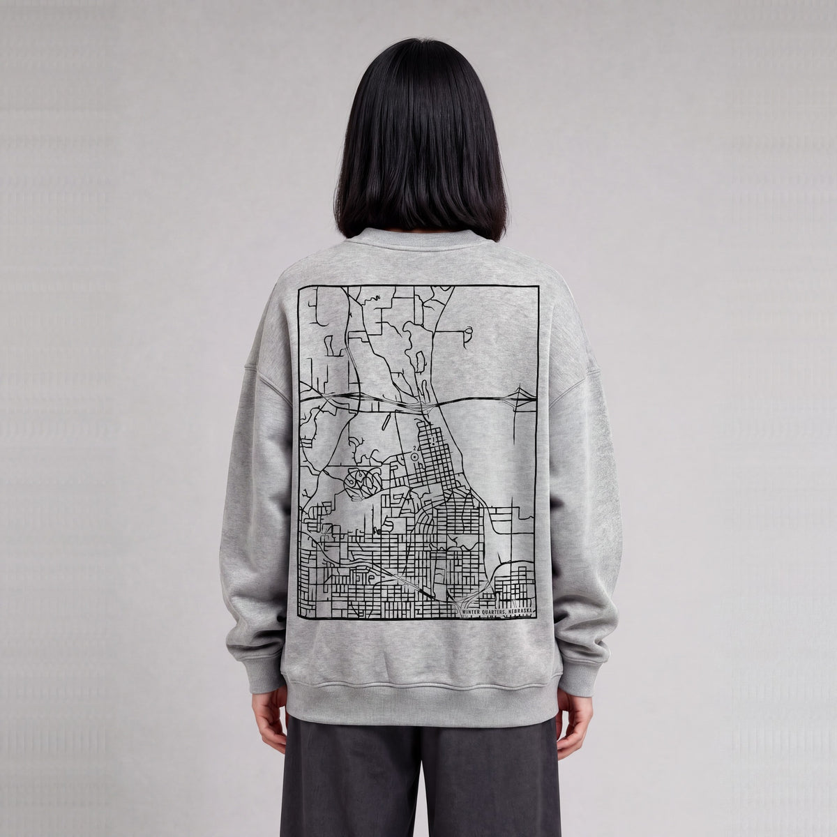 Winter Quarters map sweatshirt, back print on model - Heather Gray