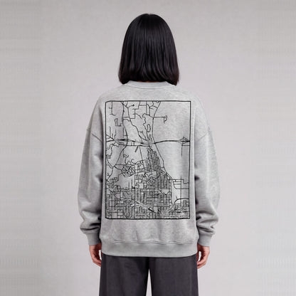 Winter Quarters map sweatshirt, back print on model - Heather Gray