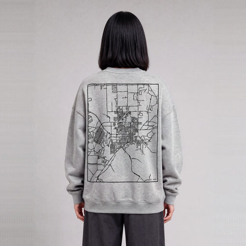 Tooele map sweatshirt, back print on model - Heather Gray