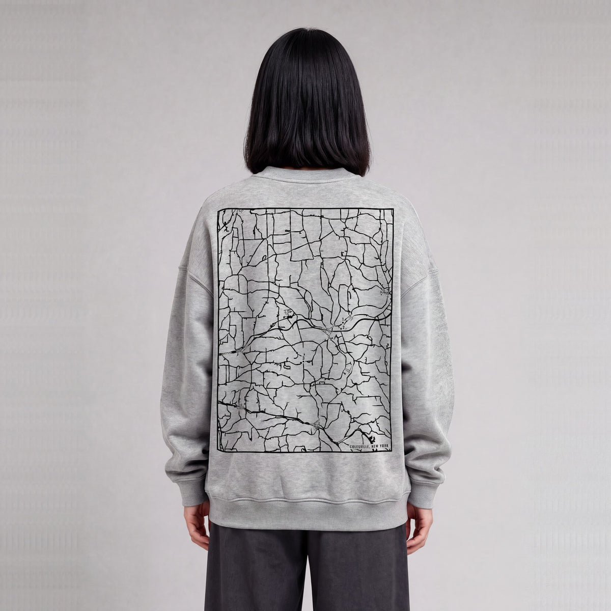 Colesville map sweatshirt, back print on model - Heather Gray