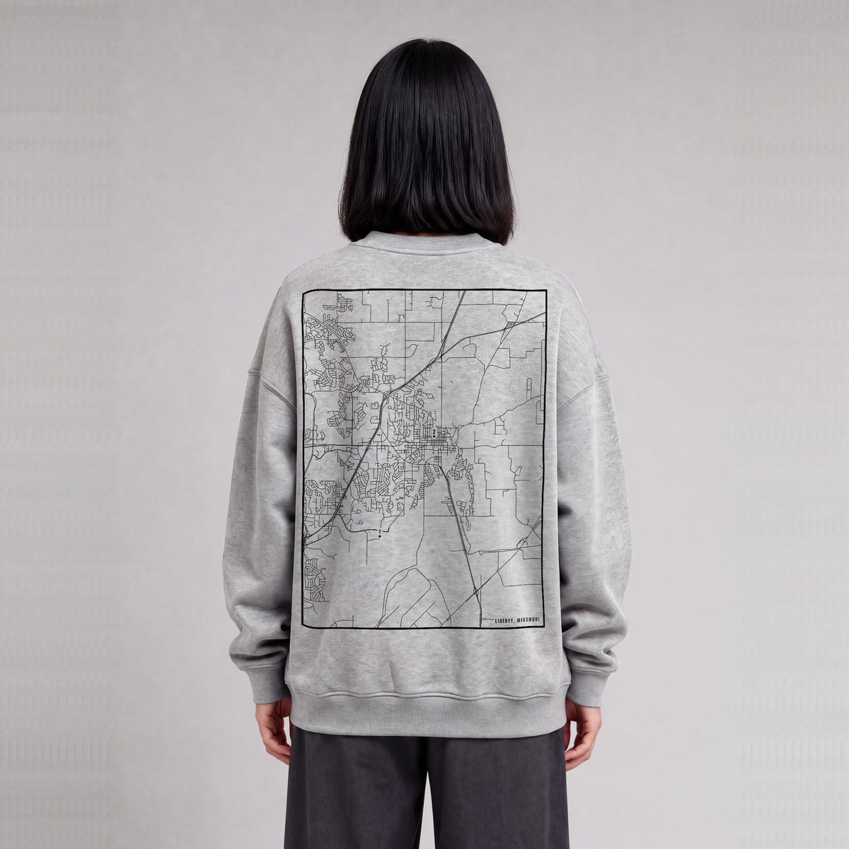 Liberty map sweatshirt, back print on model - Heather Gray