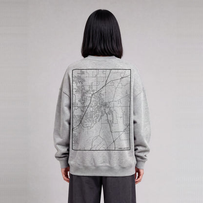 Liberty map sweatshirt, back print on model - Heather Gray
