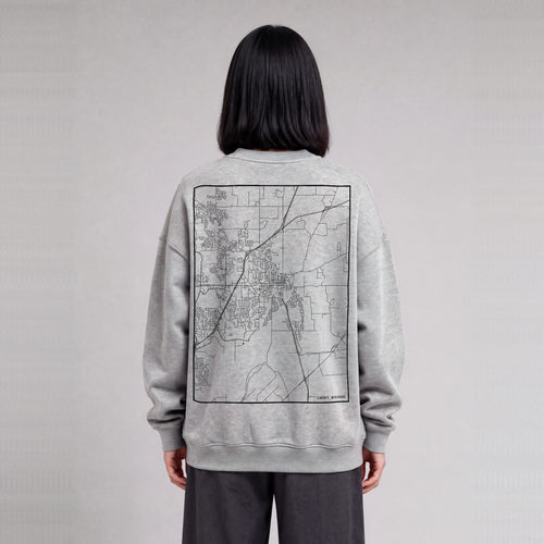 Liberty map sweatshirt, back print on model - Heather Gray