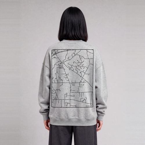 Kirtland map sweatshirt, back print on model - Heather Gray