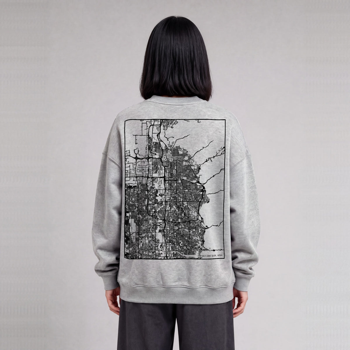 Salt Lake City map sweatshirt, back print on model - Heather Gray