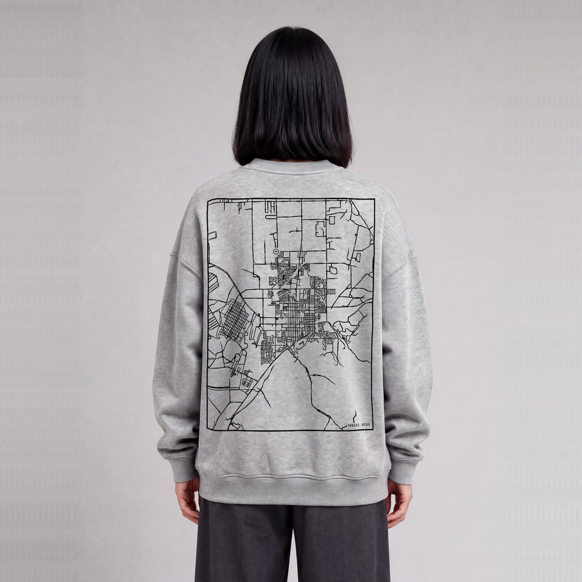 Tooele map sweatshirt, back print on model - Heather Gray