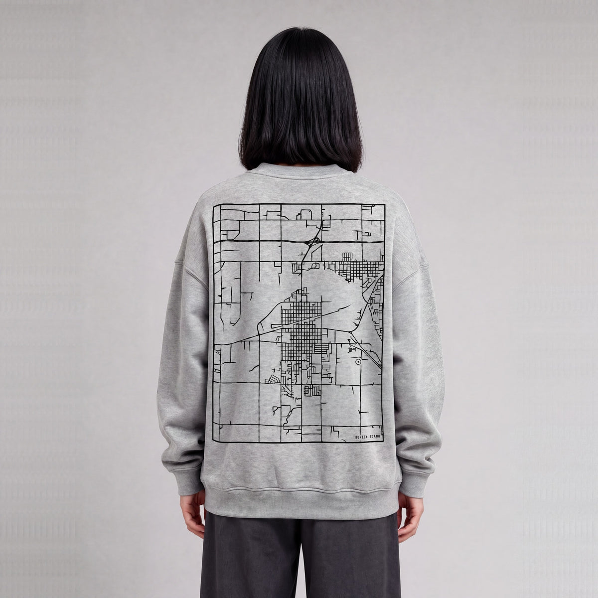Burley map sweatshirt, back print on model - Heather Gray