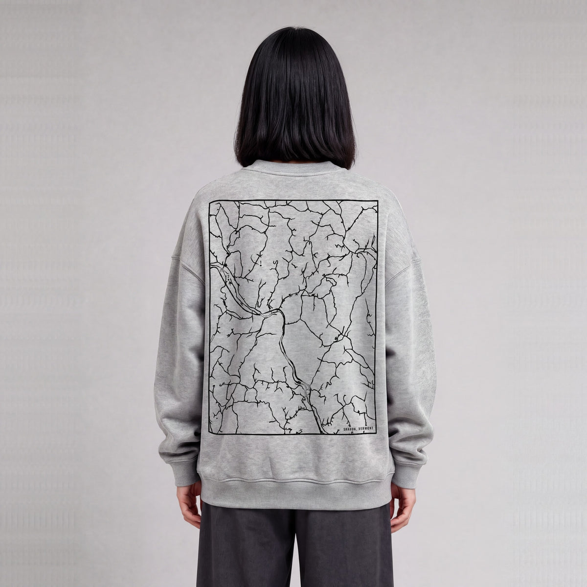Sharon map sweatshirt, back print on model - Heather Gray