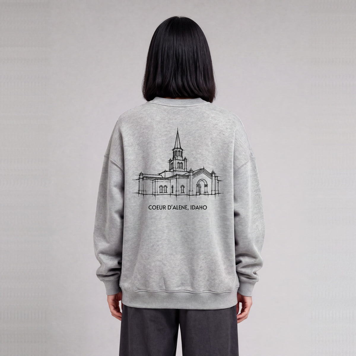 Coeur d'Alene Temple back print on model - Heather Gray