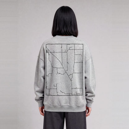 Adam-ondi-Ahman map sweatshirt, back print on model - Heather Gray