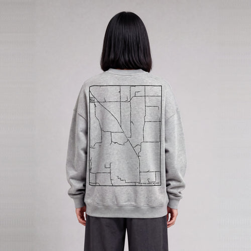 Adam-ondi-Ahman map sweatshirt, back print on model - Heather Gray