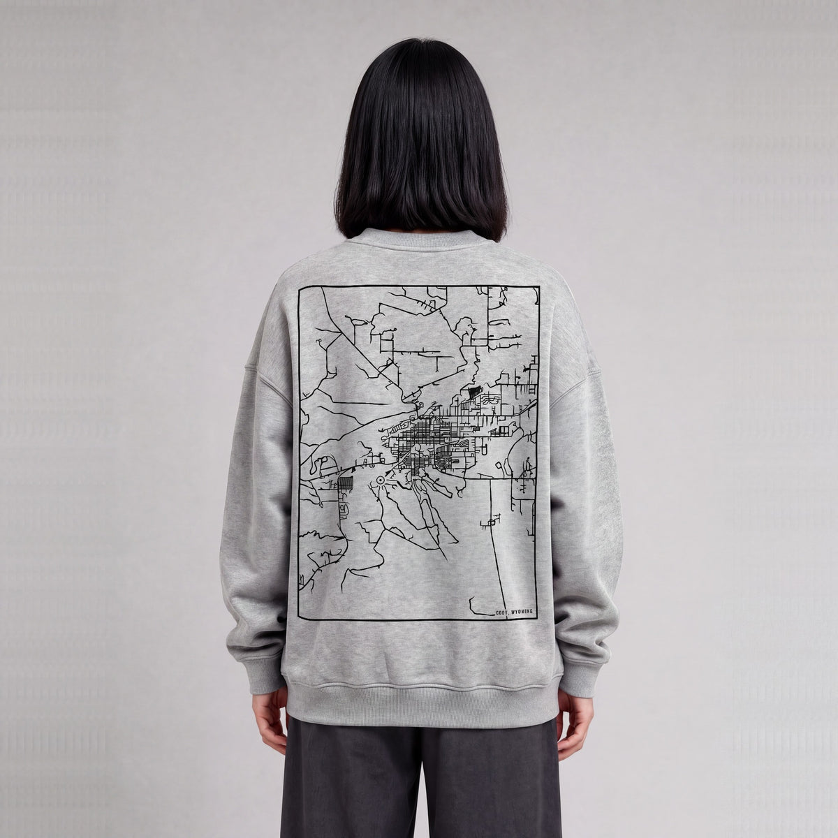 Cody map sweatshirt, back print on model - Heather Gray