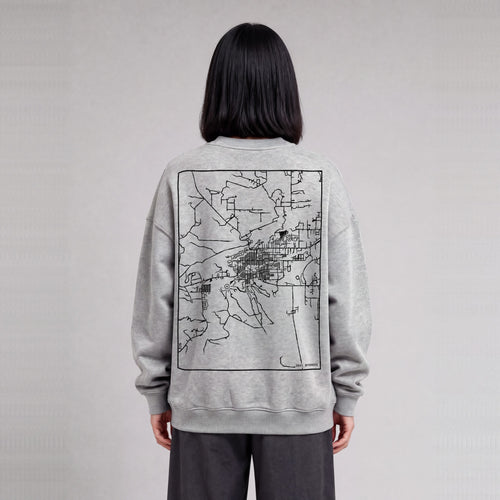 Cody map sweatshirt, back print on model - Heather Gray