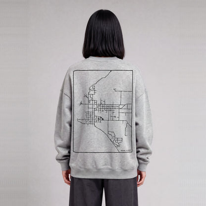 Nauvoo map sweatshirt, back print on model - Heather Gray
