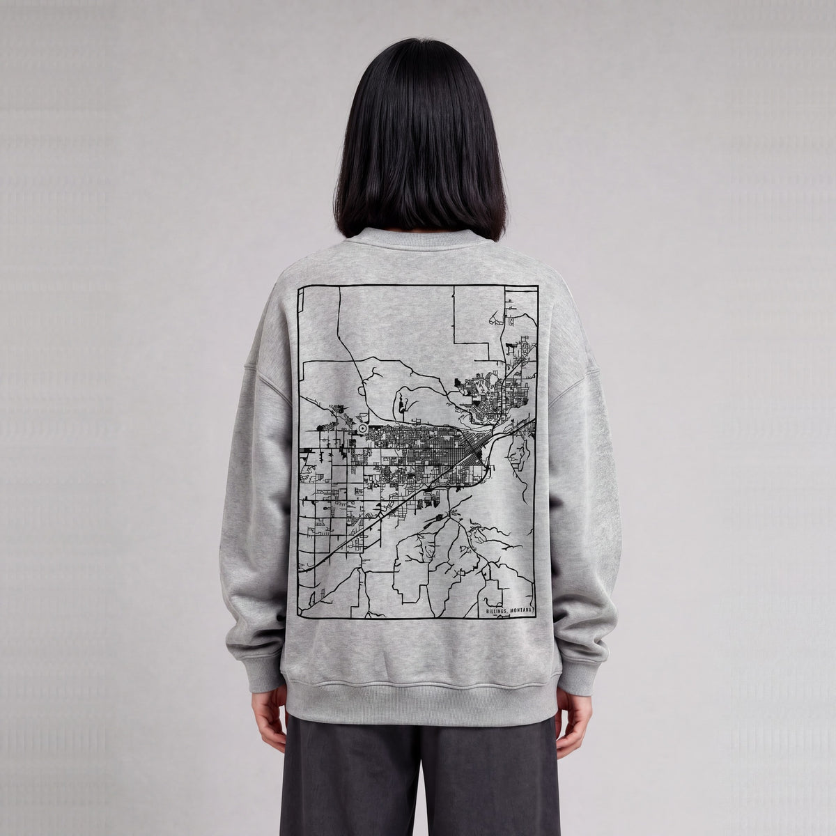 Billings map sweatshirt, back print on model - Heather Gray