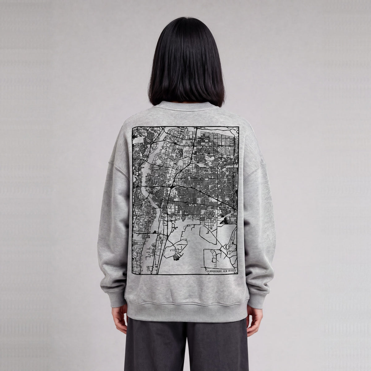 Albuquerque map sweatshirt, back print on model - Heather Gray