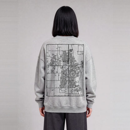 Yuba City map sweatshirt, back print on model - Heather Gray