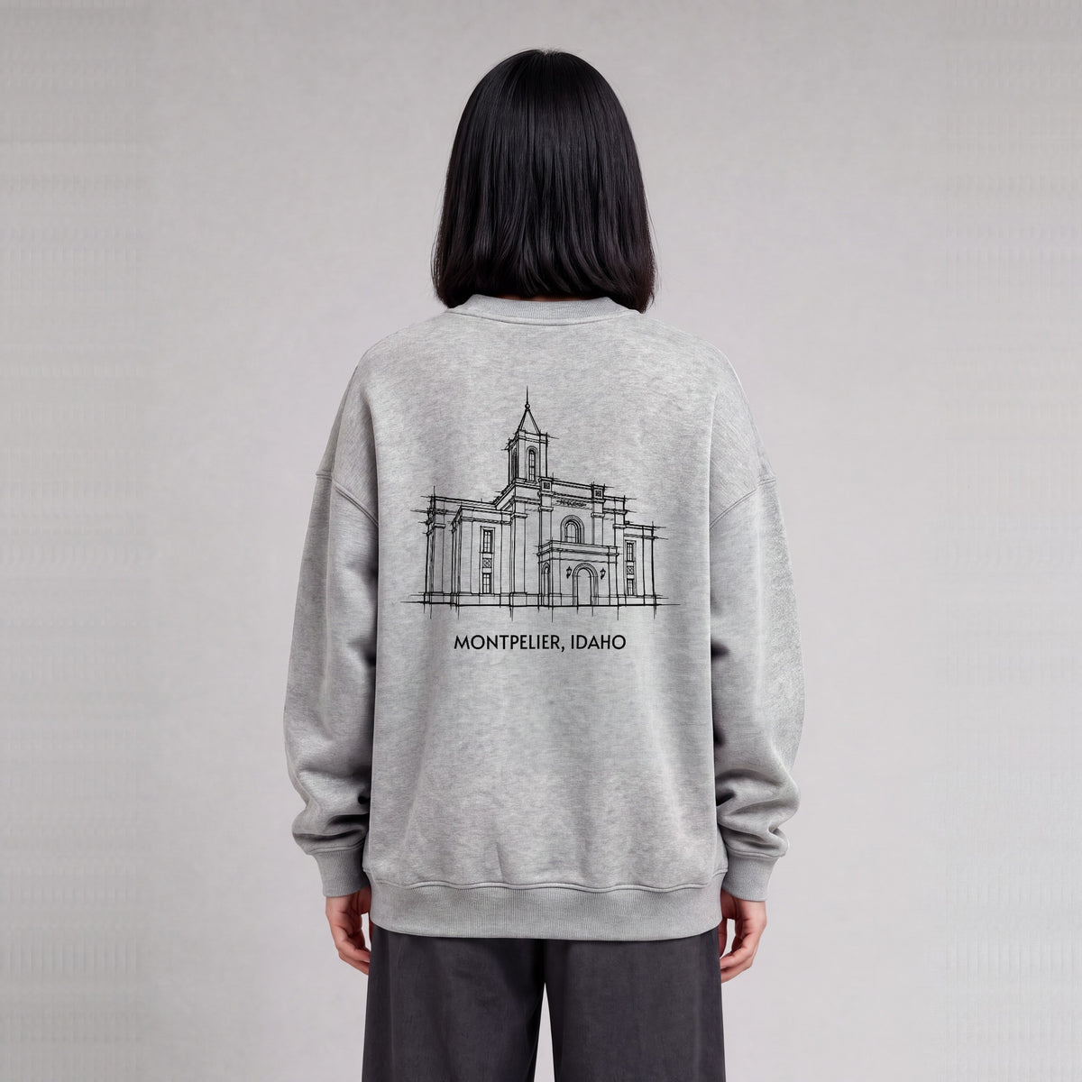 Montpelier Temple back print on model - Heather Gray