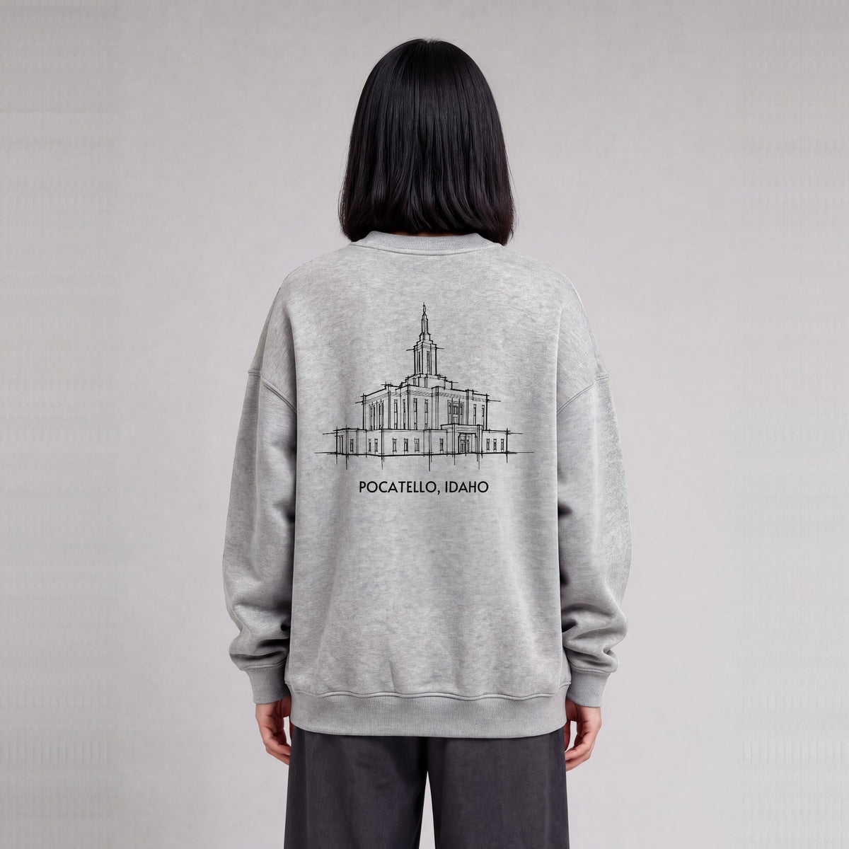 Pocatello Temple back print on model - Heather Gray