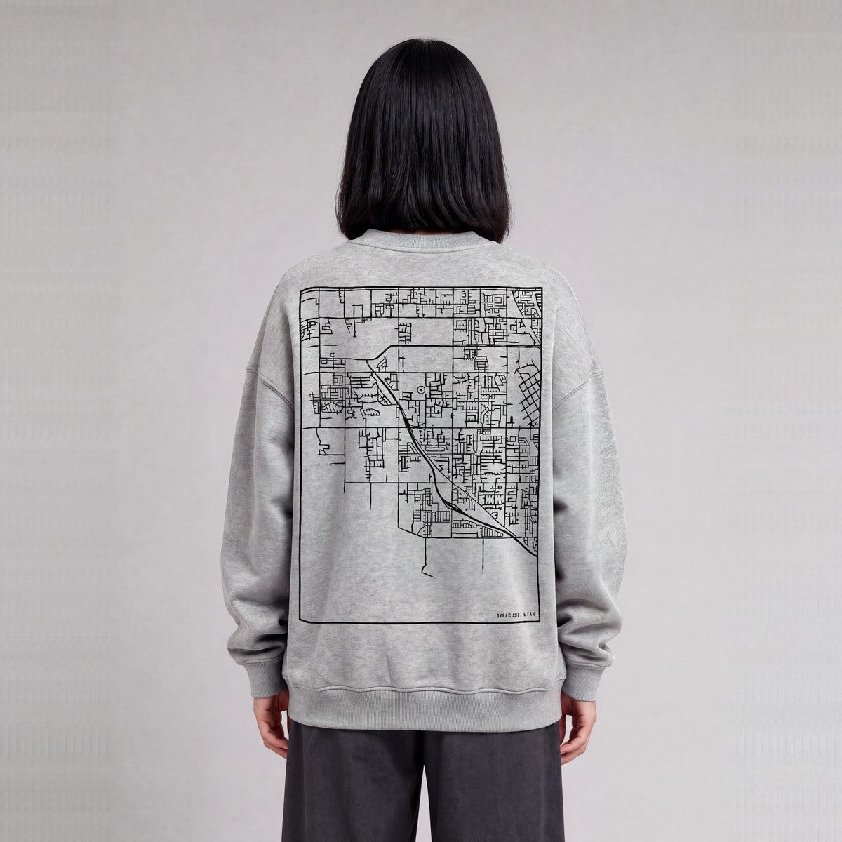 Syracuse map sweatshirt, back print on model - Heather Gray