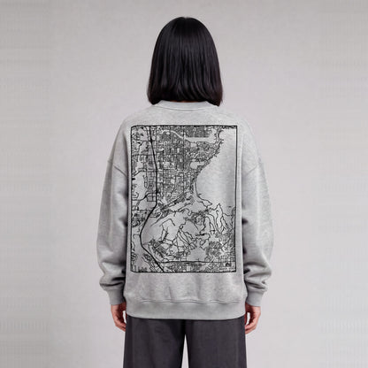 Draper map sweatshirt, back print on model - Heather Gray