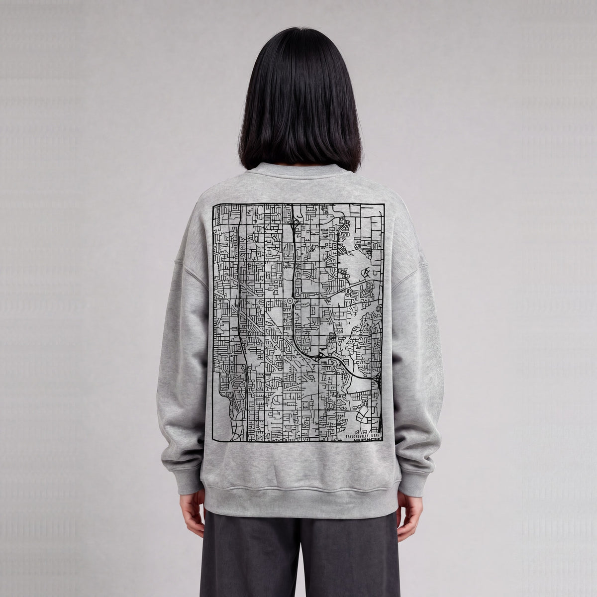 Taylorsville map sweatshirt, back print on model - Heather Gray