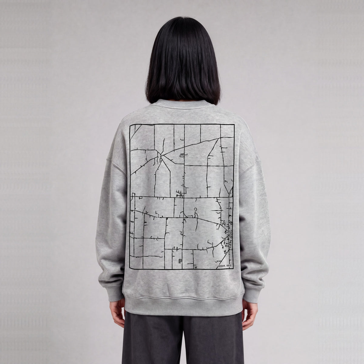 Hiram map sweatshirt, back print on model - Heather Gray