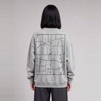 Hiram map sweatshirt, back print on model - Heather Gray