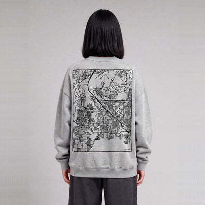 Lehi map sweatshirt, back print on model - Heather Gray