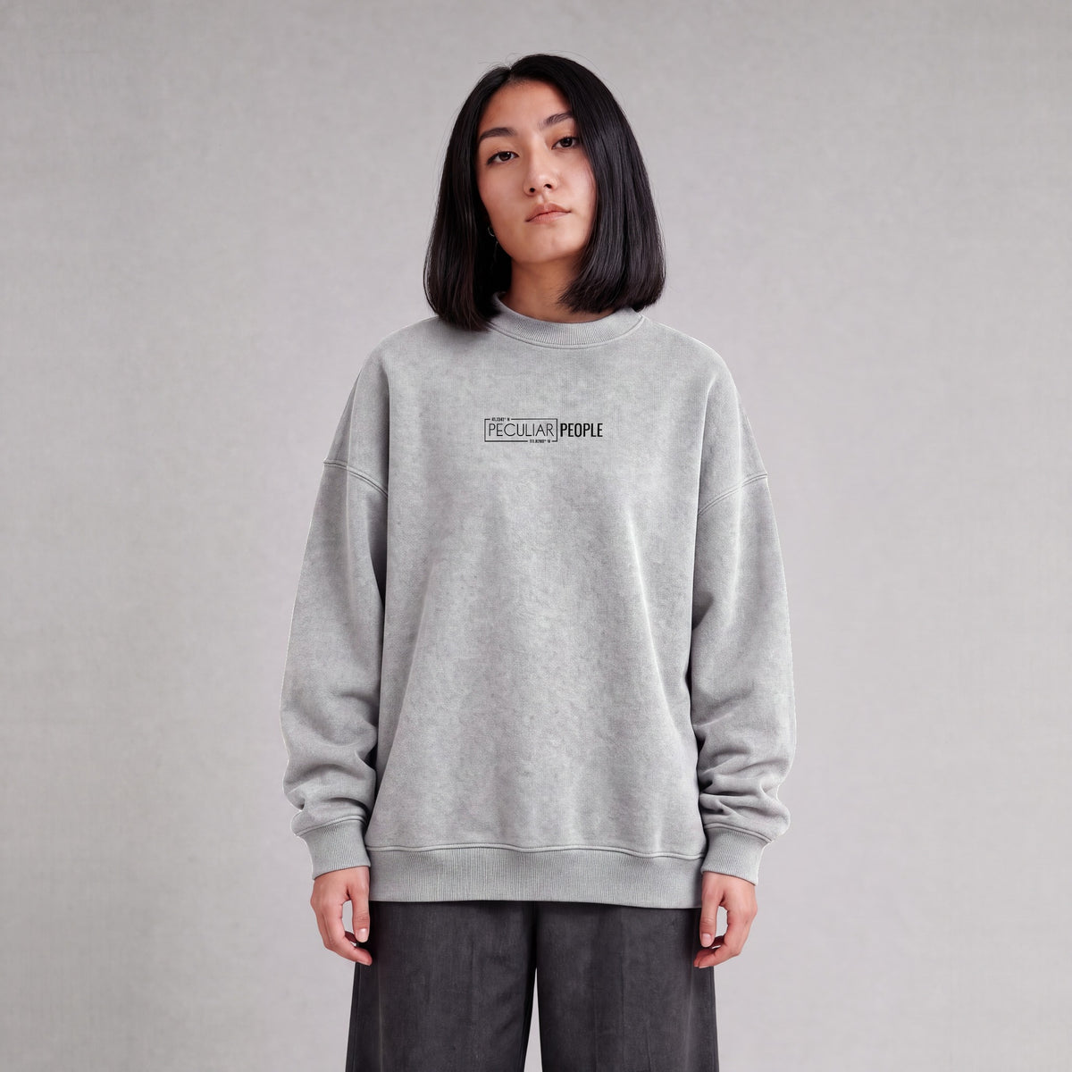 Logan map sweatshirt, front logo on model - Heather Gray