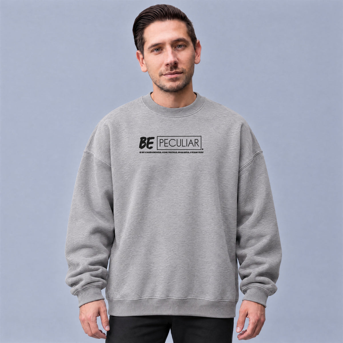 Be Peculiar sweatshirt front print on model - Heather Gray