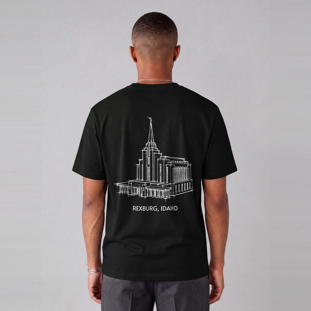 Rexburg Temple back print on model - Black