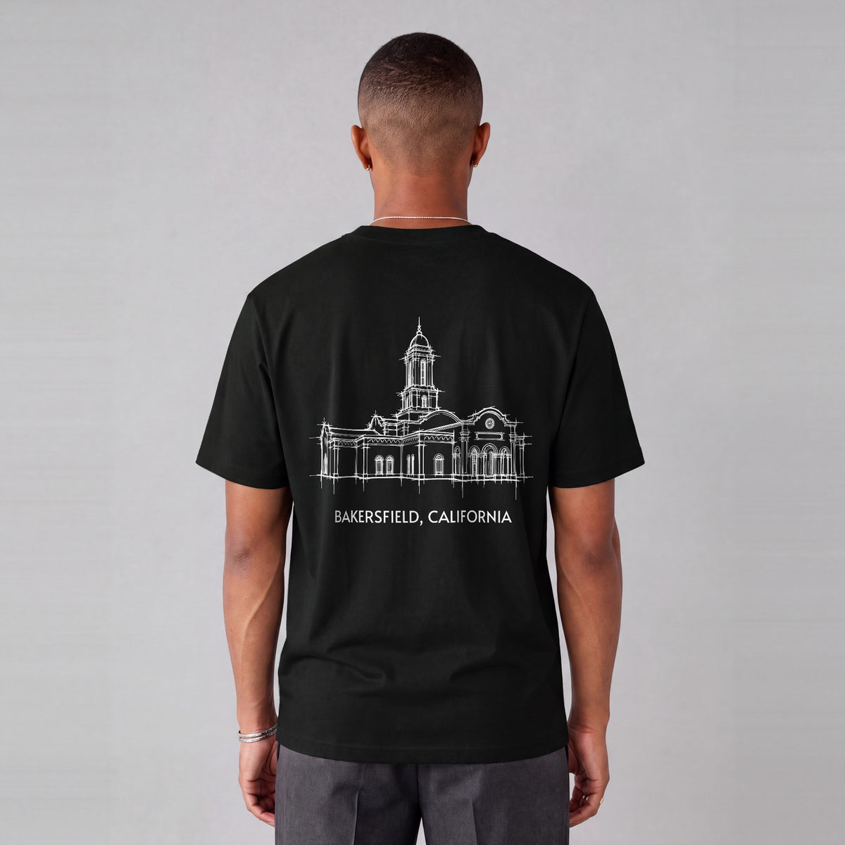Bakersfield Temple back print on model - Black