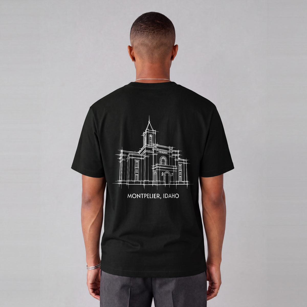 Montpelier Temple back print on model - Black