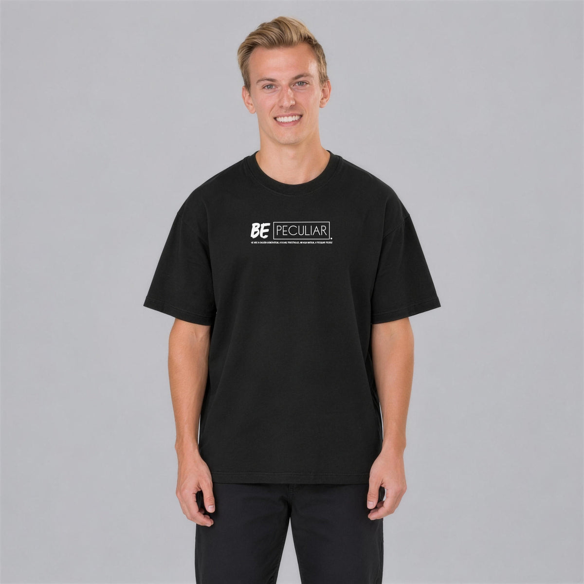 Be Peculiar tee front print on model - Black