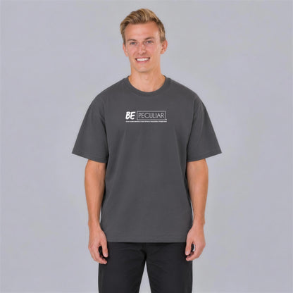 Be Peculiar tee front print on model - Charcoal