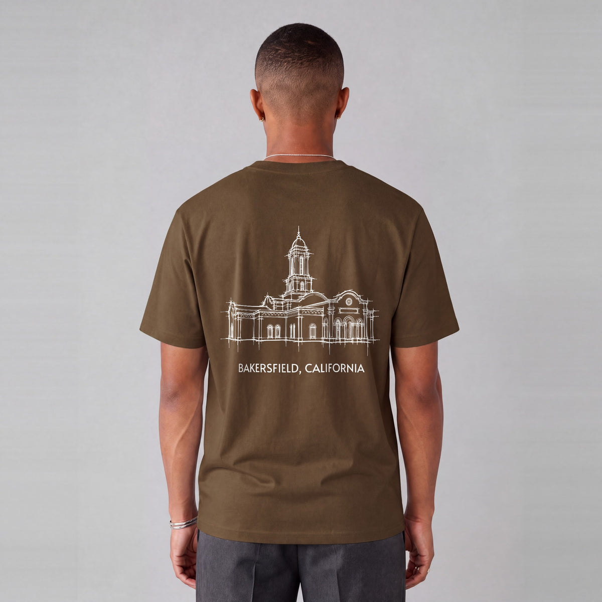 Bakersfield Temple back print on model - Coffee