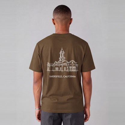 Bakersfield Temple back print on model - Coffee