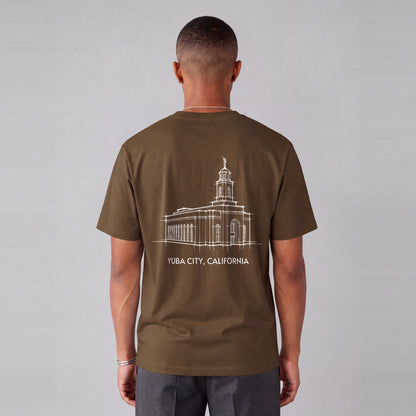 Feather River Temple back print on model - Coffee