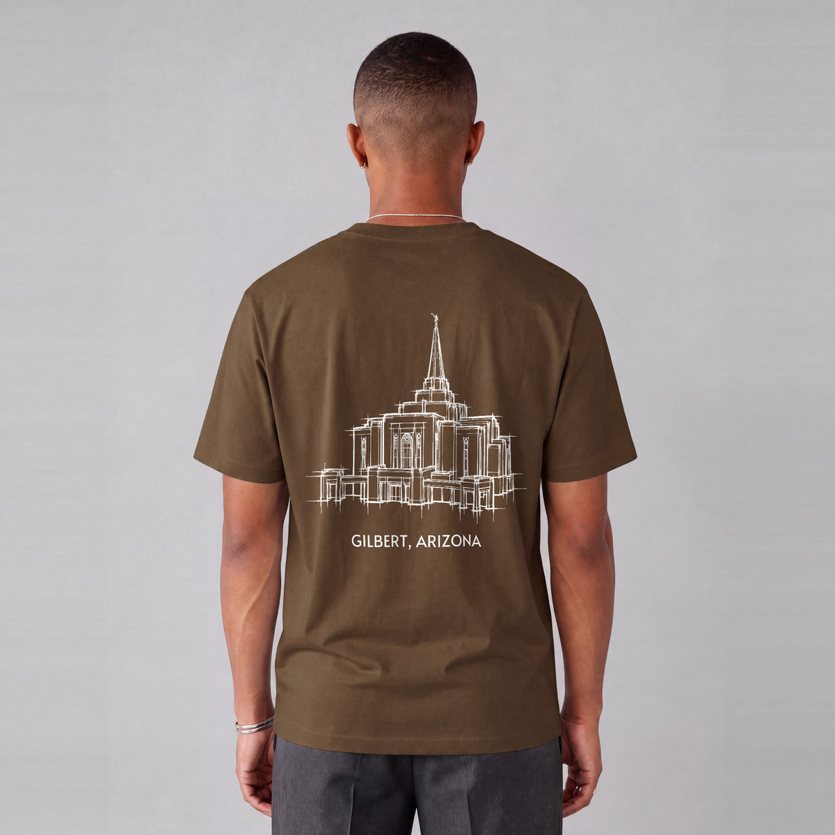 Gilbert Temple back print on model - Coffee