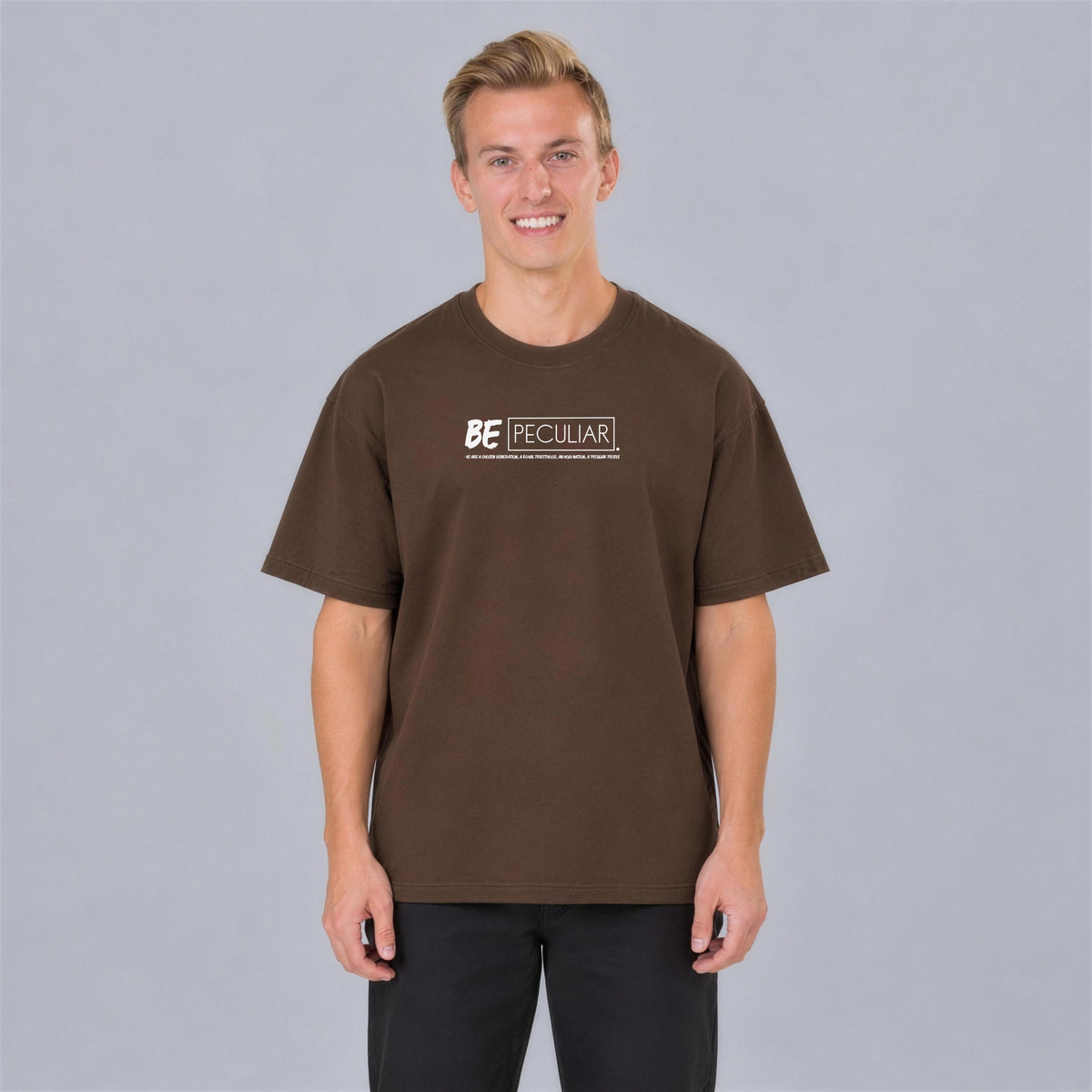 Be Peculiar tee front print on model - Coffee