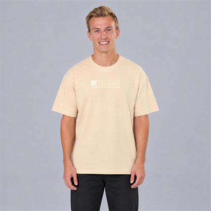 Be Peculiar tee front print on model - Cream